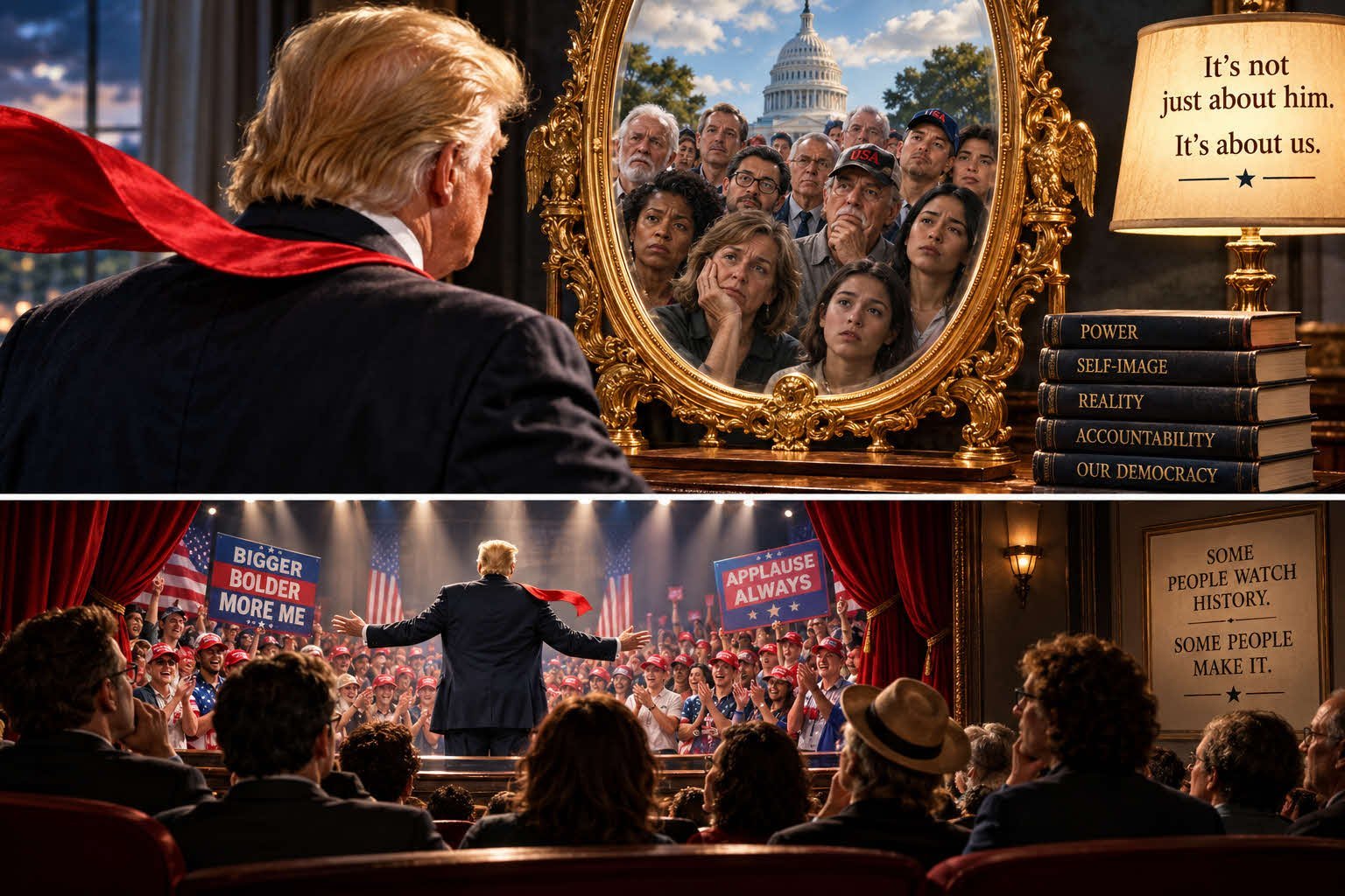 A political theater audience watches Donald Trump perform while becoming part of the spectacle